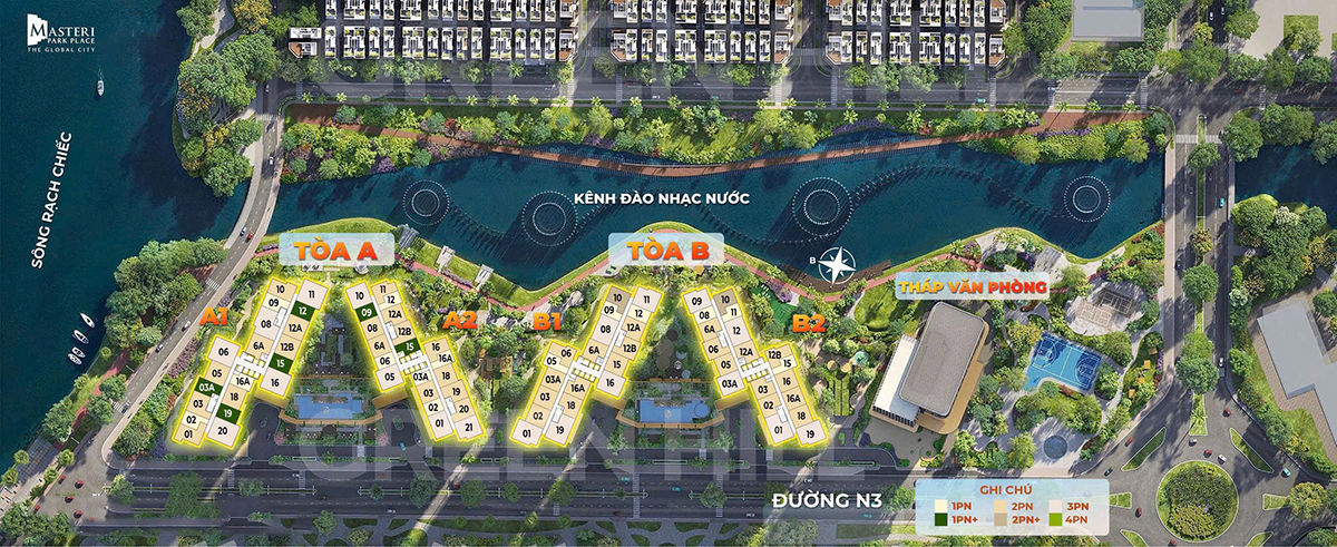 Masteri Park Place gồm 4 tòa tháp: cụm tòa A: 24 tầng, cụm tòa B: 27 tầng